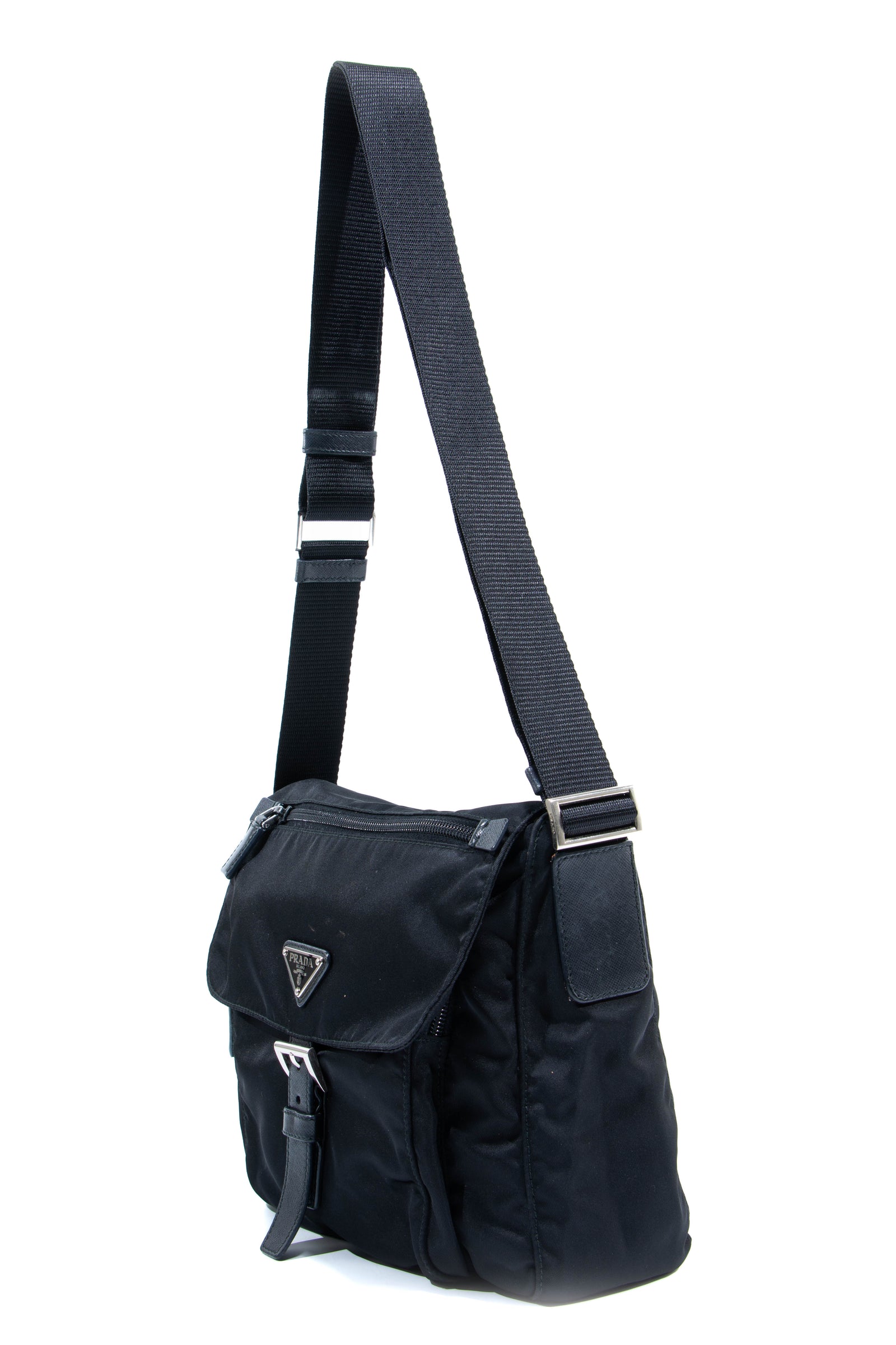 Prada Unisex Black & Grey Striped Canvas Messenger Bag
